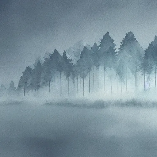 Prompt: award - winning white to blue watercolor highly detailed perfectly defined digital art misty landscape forest mountainous trending on artstation