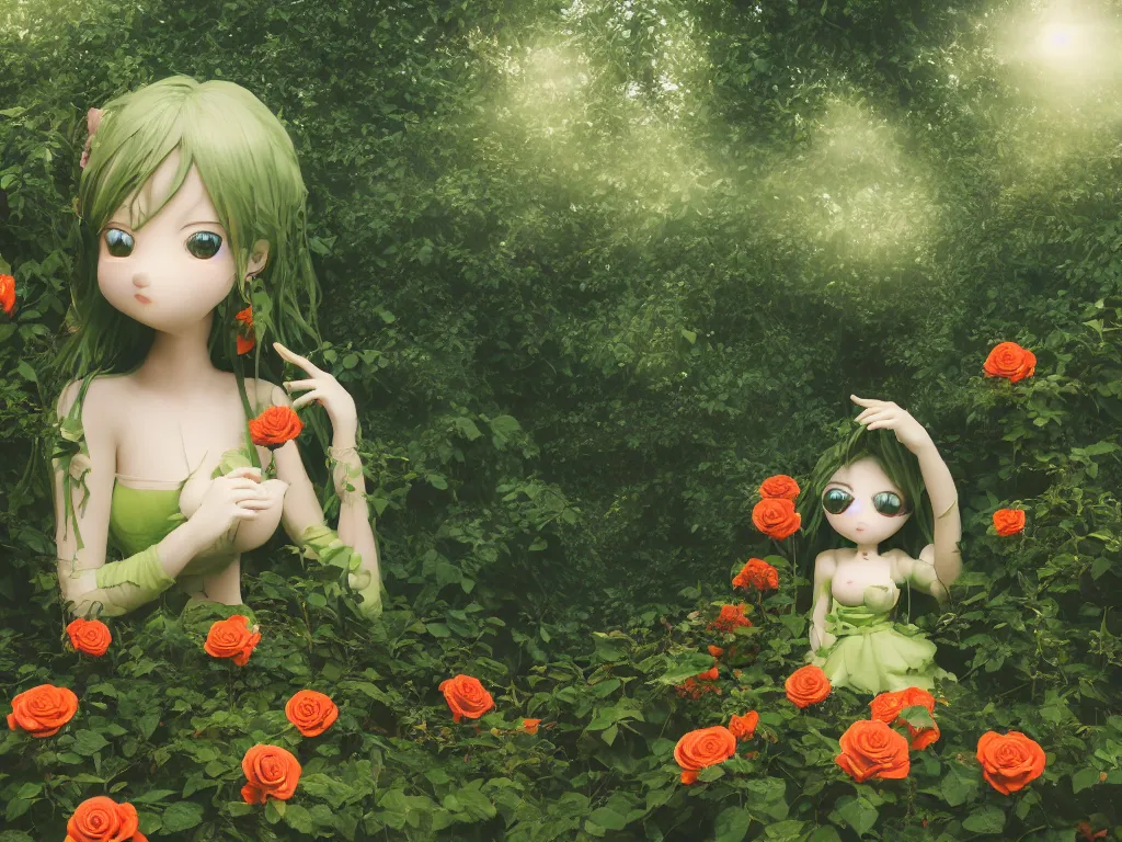 Image similar to cute fumo plush girl among vines in the middle of a lush rose garden, glowing ethereal gothic wraith plantgirl, tattered green dress, smoke and orange volumetric fog, blue sky sunshine lens flare, bokeh, vray