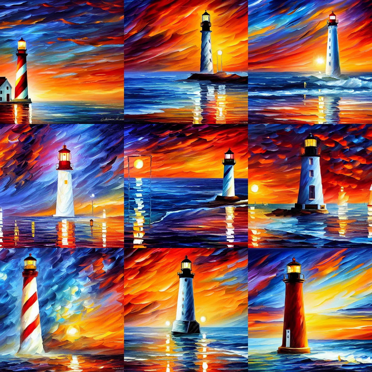 Prompt: lightouse, the last sunset in the sea of dreams, by Leonid Afremov, 8k resolution, digital art, trending on art station