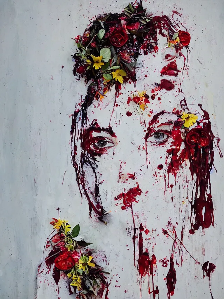 Image similar to “art in an Australian artist’s apartment, portrait of a woman wearing loose white cotton clothing, stained with fresh berries and maple syrup, edible flowers, acrylic and spray paint and oilstick on canvas”