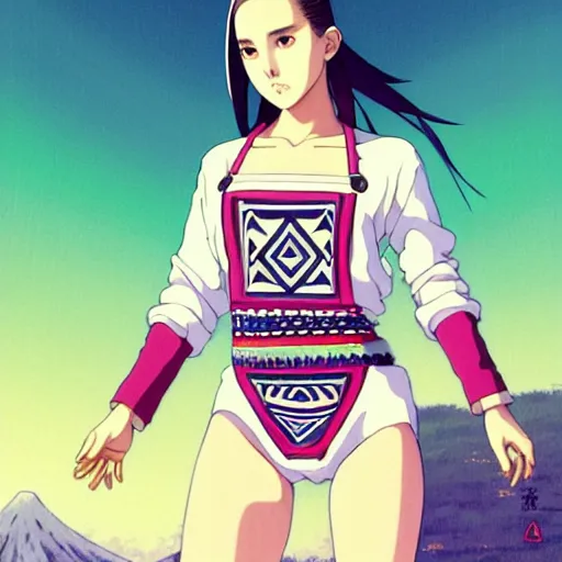 Image similar to a beautiful plus sized model japanese natalie portman, alluring plus sized model, wearing mayan leotard with elegant mayan apron overalls, street fashion hip hop style with mayan patterns, aztec street fashion, gapmoe yandere grimdark, trending on pixiv fanbox, painted by greg rutkowski makoto shinkai takashi takeuchi studio ghibli, akihiko yoshida