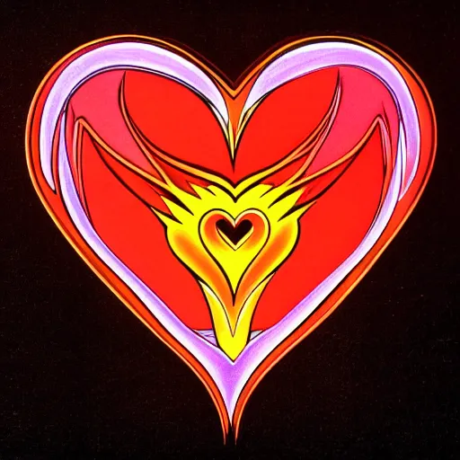 Prompt: cartoon heart on fire, burning, flames, symmetrical, washed out color, centered, art deco, 1 9 5 0's futuristic, glowing highlights, peaceful