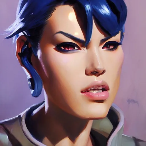 Image similar to greg manchess portrait painting of major kusanagi as overwatch character, totally whack, medium shot, asymmetrical, profile picture, organic painting, sunny day, matte painting, bold shapes, hard edges, street art, trending on artstation, by huang guangjian and gil elvgren and sachin teng