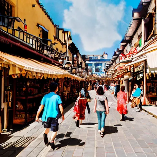 Image similar to photograph of sunny street with people walking, street has many shops and bulls, fantasy, by studio ghibli, dramatic light