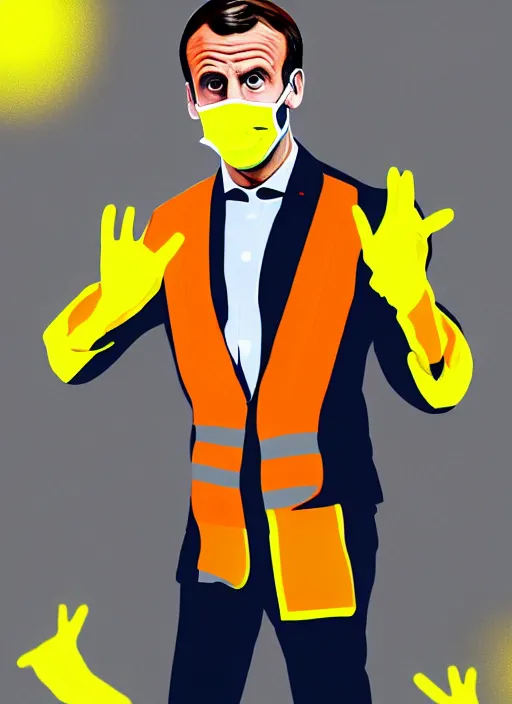 Image similar to emmanuel macron wearing hivis and rubber gloves, digital art