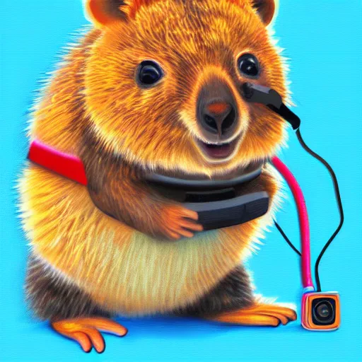 Prompt: a quokka wearing a hmd vr, cyberpunk digital painting