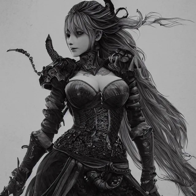 Prompt: the portrait of the neutral evil fallen female dark knight vagabond as absurdly beautiful, gorgeous, elegant, sophisticated blonde gravure idol, an ultrafine hyperdetailed illustration by kim jung gi, irakli nadar, intricate linework, detailed faces looking up, octopath traveler, final fantasy, unreal engine 5 highly rendered, global illumination, detailed and intricate environment