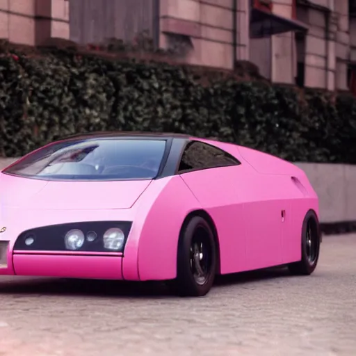 Prompt: 3 5 mm photo of pink pininfarina modulo car like pink phanter