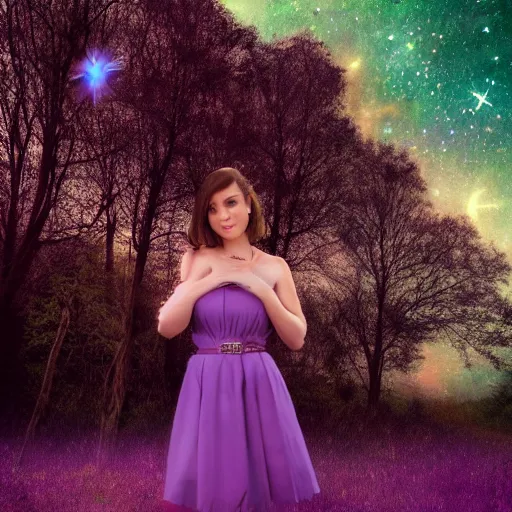 Image similar to an hd photo of a young woman with short brown hair and green eyes, purple dress, beautiful trees in the background, night sky with stars and galaxies, trending on artstation