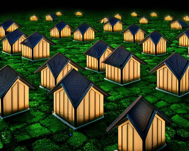 Prompt: connected ecovillage houses with solrarroofs, very big bees flying around - plant goddess high quality photo, microchip, artificial intelligence, bio - mechanical bio - luminescence, black wired cables, neurons, nerve cells, cinematic, rim light, photo - realistic, elegant, high detail, 8 k, masterpiece, high fashion, in the style of man ray