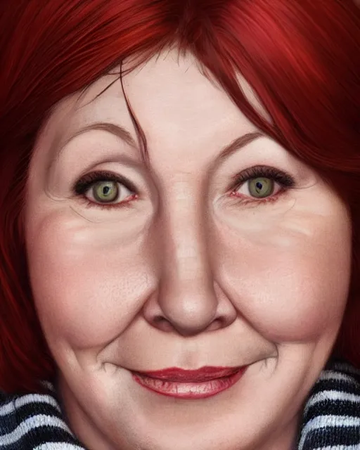 Prompt: portrait of short and plump 5 0 - year - old woman with red hair and, happy kind face, round face, short hair, molly weasley, wearing in cardigan, hyper realistic face, beautiful eyes, character art, art by mark brooks, hyperdetailed, cryengine, trending on artstation, digital art