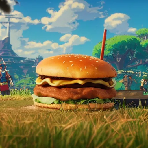 Image similar to mcdonalds, by Miyazaki Nausicaa Ghibli, breath of the wild style, epic composition Trending on Artstation, octane render, Insanely Detailed, 8k, HD