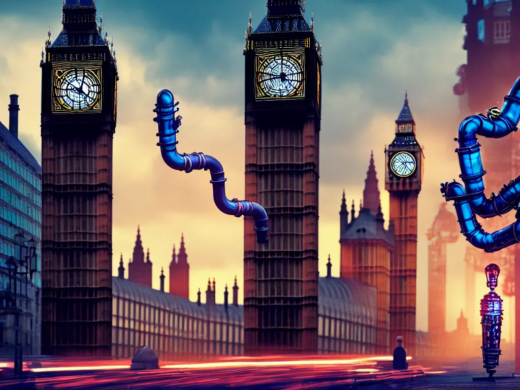 Prompt: a giant ancient beautiful cyborg of the elder gods with pipes and tubes in the city of London, an image of a beautiful cyborg, a beautiful cyborg, a cyborg, London streets with one bigben in the background, colourful, dramatic lighting, golden hour, very detailed octane render very realistic beautiful
