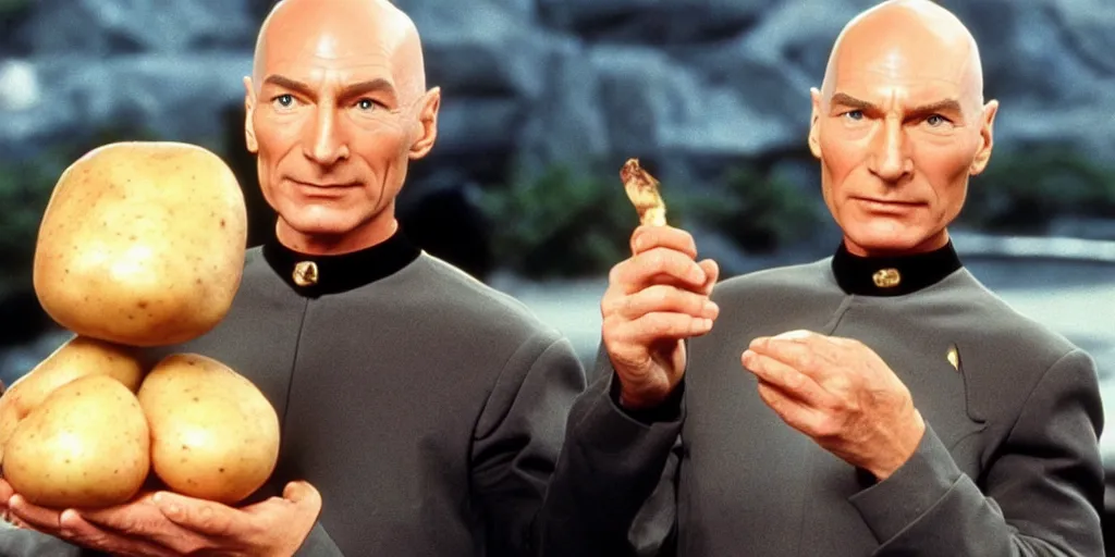 Prompt: a still from a 9 0 s tv show of captain picard from star trek holding a potato