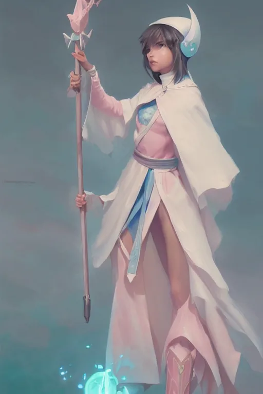 Image similar to portrait of a cute white mage girl with a staff in mage armor, soft, pink and blue, by tom bagshaw and atey ghailan and artgerm and and greg rutkowski, hyper realistic, octane render, trending on artstation