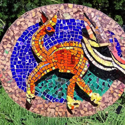 Image similar to mosaic sculpture of a alebrije chimera!!!, irregularly shaped mosaic tiles, recycled pottery shards, in the style of folk art, in a cottagecore flower garden