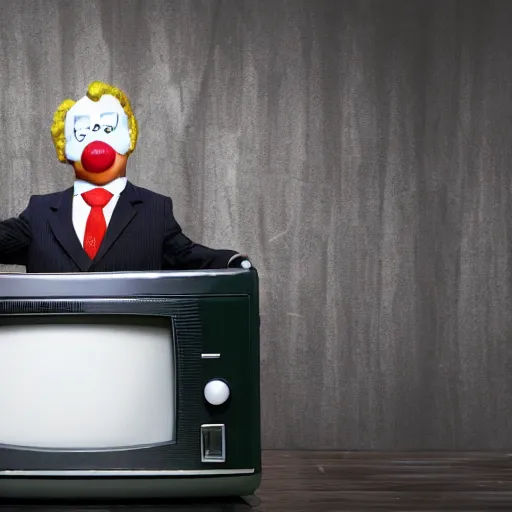 Prompt: professional photo of an old television that inside has a president that has a clown face and is giving a speech over a podium