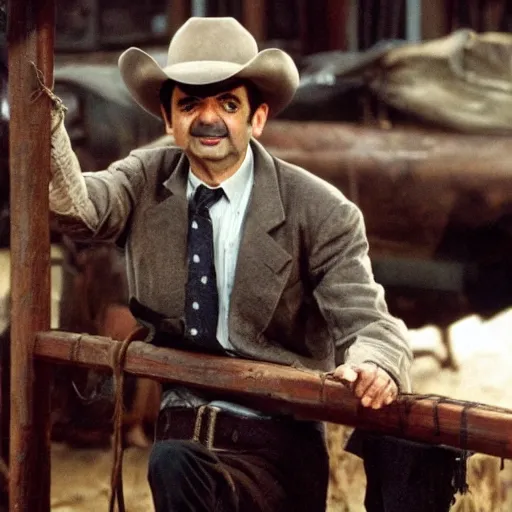 Image similar to an film still of Mr bean, cowboy movie, cinematic screen, Oscar winner screen