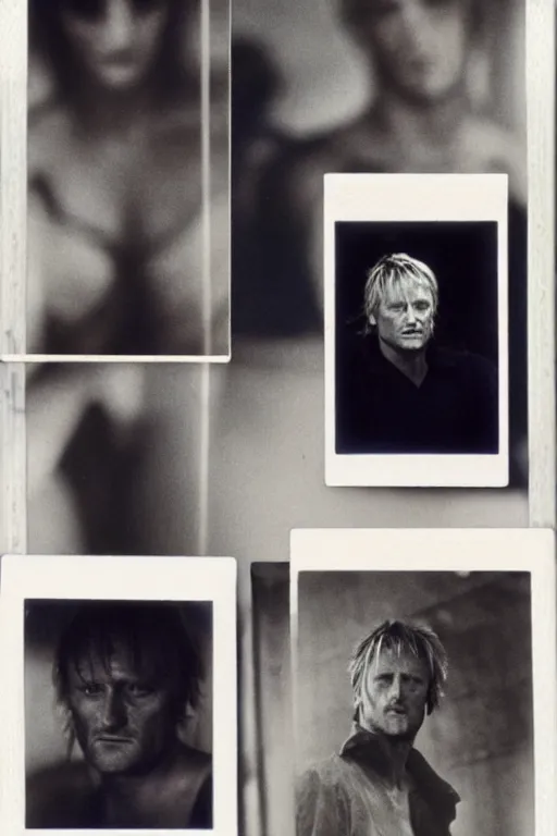 Prompt: old polaroids with rutger hauer, ford, sir ridley taken on the set of blade runner, 1 9 8 2