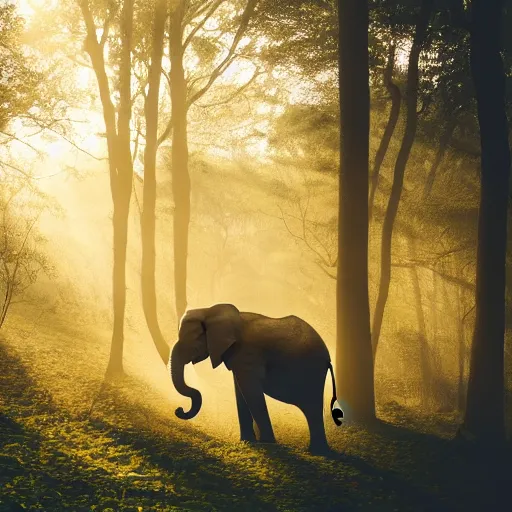 Image similar to An elephant walking in a forest, natural lighting, sunbeams, golden hour, misty atmospherics