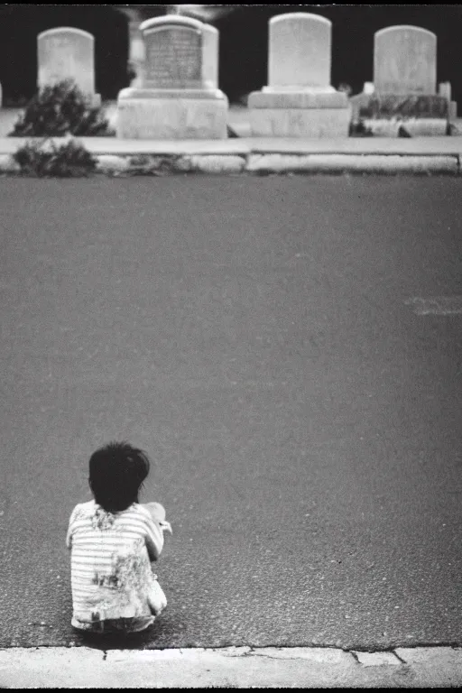 Image similar to photo polaroid of sad and lonely child in the middle of the street, in front of him is a cemetery graves, loneliness, black and white ,photorealistic, 35mm film,