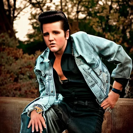 Image similar to young elvis presley dressed in 2 0 2 2, modern clothing, nashville, tennessee, outdoors, portrait, highly detailed, annie liebovitz, cinematic lighting, mucha