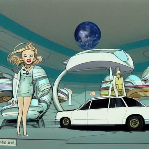 Prompt: mall on the moon, car parked, retrofuturism, futuristic style