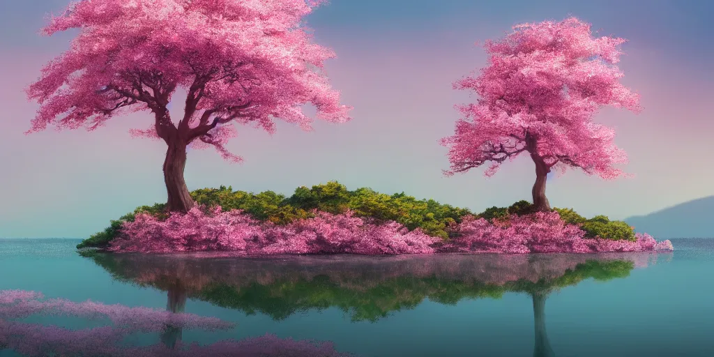 Image similar to a single sakura tree growing upon an island in a lake, cherry blossoms, illustration, light beams, digital art, oil painting, fantasy, 8 k, trending on artstation, detailed