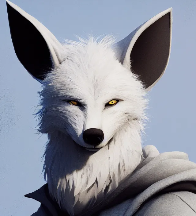 Image similar to a beautiful portrait of a handsome male anthropomorph white wolf furry fursona wearing a hoodie. character design by cory loftis, fenghua zhong, ryohei hase, ismail inceoglu and ruan jia. artstation, volumetric light, detailed, photorealistic, rendered in octane