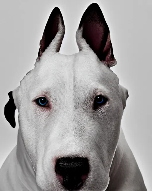 Prompt: white bull terrier with target logo on left eye artistic ad campaign Portrait photo Leica Zeiss trending