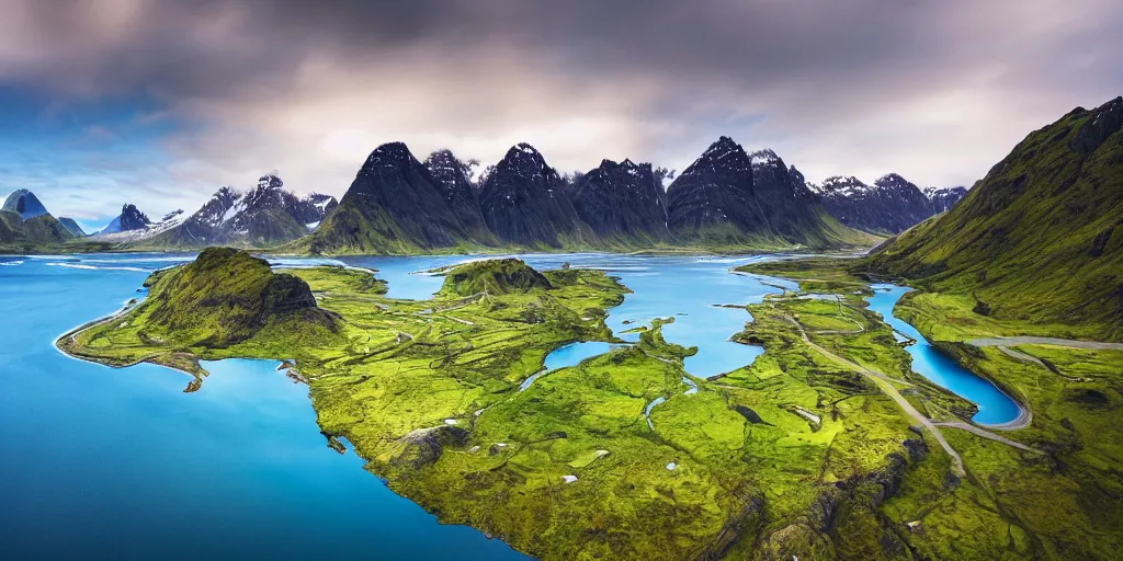 Image similar to drone shot photo of a landscape with mountains, waterfalls, wallpaper, lofoten, very very wide shot, blue glacier, iceland, new zeeland, green flush moss, national geographic, award landscape photography, professional landscape photography, sunny, day time, beautiful