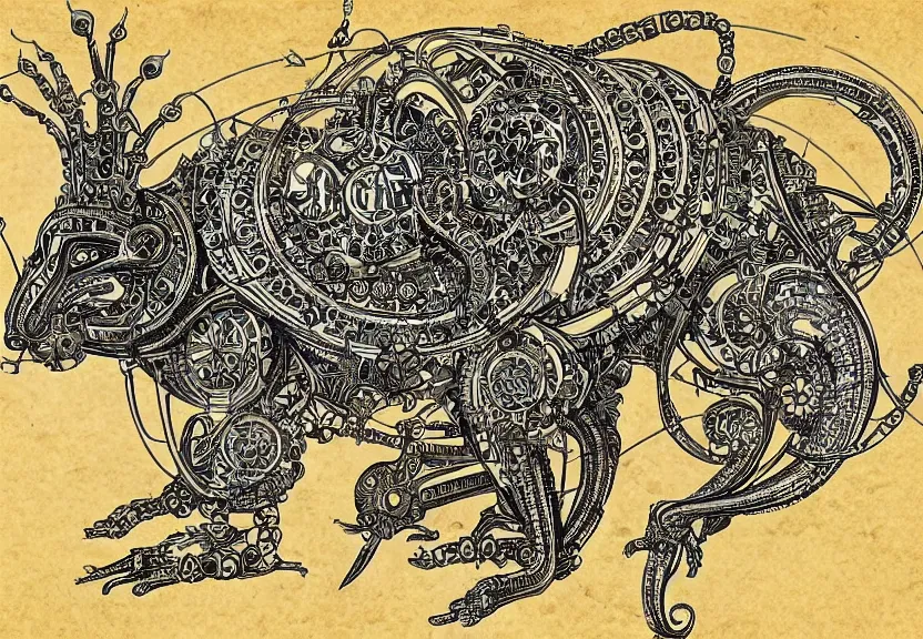 Prompt: small schematic blueprint of highly detailed ornate filigreed convoluted ornamented elaborate cybernetic rat, centered composition, art by da vinci