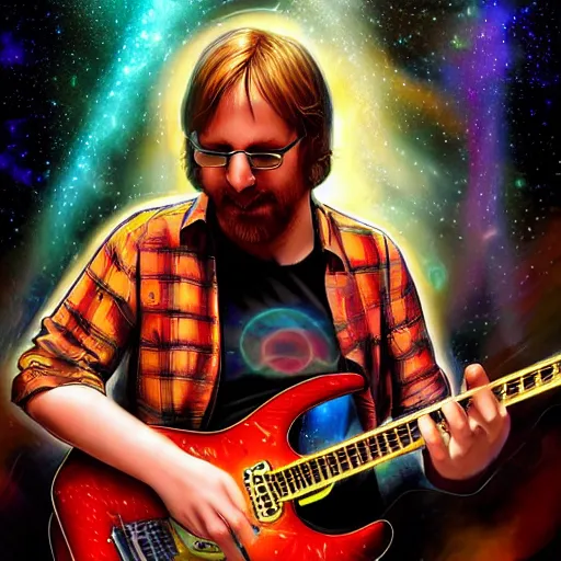 Prompt: a Trey Anastasio guitarist playing so intensely there is electricity shooting out from his guitar, energy beams under his finger tips, and magic sparkles from the freboard, amazing ditial art, trending on artstation, featured on deviantart