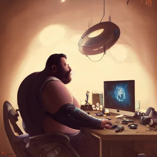 Image similar to a insanely detailed painting of a slightly overweight man wearing a homemade superhero costumed, sitting at a computer desk, nervously and clicking on the mouse, in the style of peter mohrbacher, dramatic lighting and composition, trending on artstation, concept art, comic book