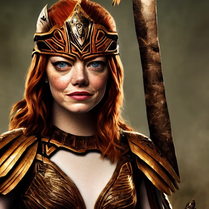 Image similar to professional full length photograph of emma stone as an amazon warrior. Extremely detailed. 8k