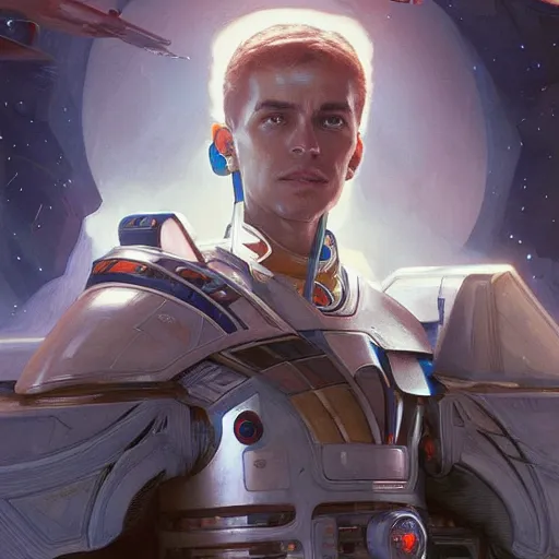 Image similar to portrait of a male space captain standing next to his space fighter ship, D&D, fantasy, intricate, muscular, highly detailed, digital painting, artstation, concept art, smooth, sharp focus, illustration, art by artgerm and greg rutkowski and alphonse mucha