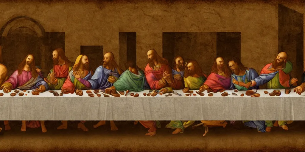 Image similar to the last supper of robots as apostles in leonardo da vinchi style. digital art, artstation, concept art, smooth, sharp focus, illustration, art by leonardo da vinci