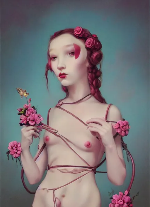 Image similar to pop surrealism, lowbrow art, realistic seductive cute woman profile figure painting, pink body harness, japanese shibari with blue flowers, hyper realism, muted colours, rococo, natalie shau, loreta lux, tom bagshaw, mark ryden, trevor brown style,