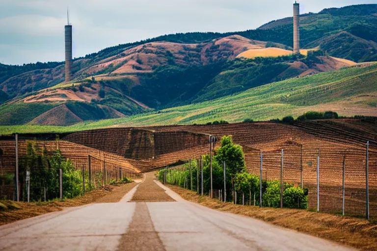 Image similar to looking down road of warehouses. hills background with radio tower on top. telephoto lens compression.