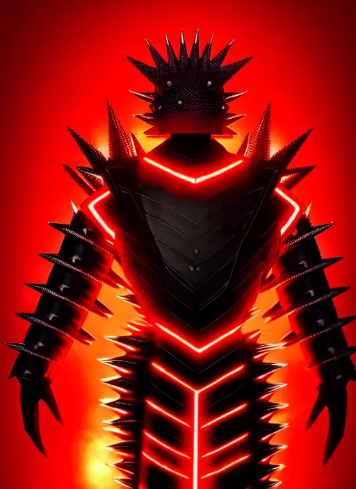 Image similar to a striking cinematic full body manga portrait of a black haired teenager wearing imposing red jagged spiked armour and glowing with red energy by hirohiko araki and beeple, fine details, digital art, character concept art, volumetric lighting, cinematic light, photorealistic