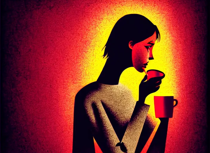 Prompt: portrait of a heroine drinking coffee, colorful,vivid, Mads Berg, Karolis Strautniekas,small finely stippled light, dramatic lighting,fine texutre, editorial illustration, detailed, matte print, dynamic composition,moody, cinematic, film grain,perspective