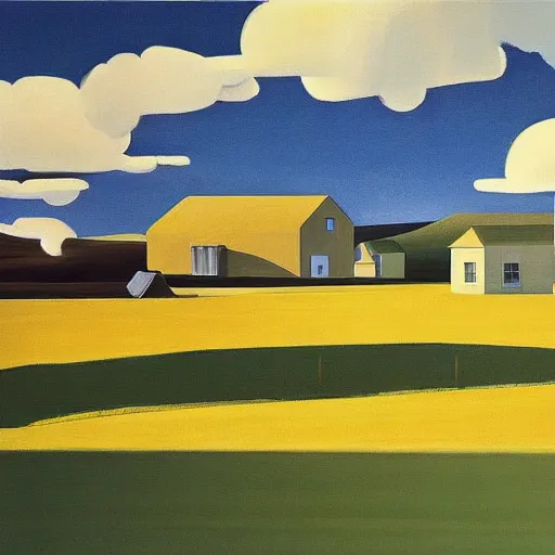 Image similar to dreaming futuristic rural landscape with modern houses, painted by Alex Katz and Edward Hopper, airbrush, highly detailed