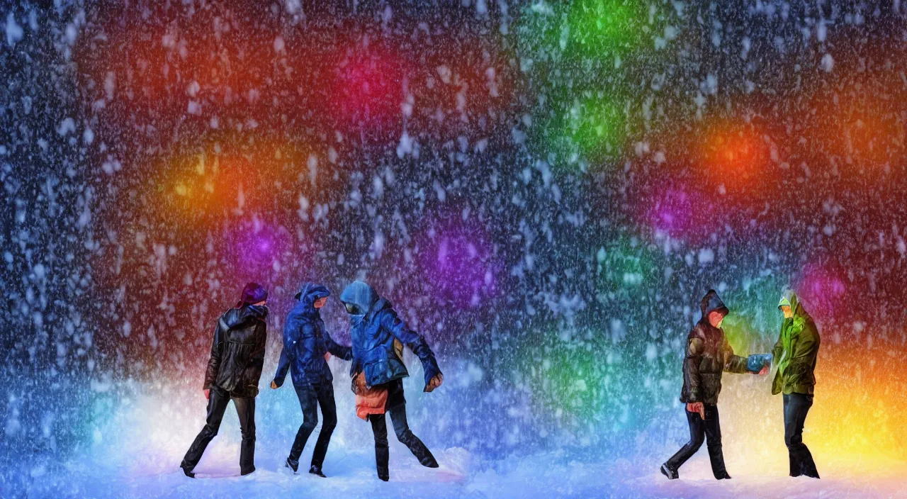 Image similar to multicolor 3 d render of two people hides in snow and rain, falling lights, rendered in maya in high resolution