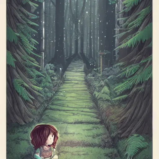 Image similar to in a dark forest, a small girl with a lantern finds a path leading to a strange castle.