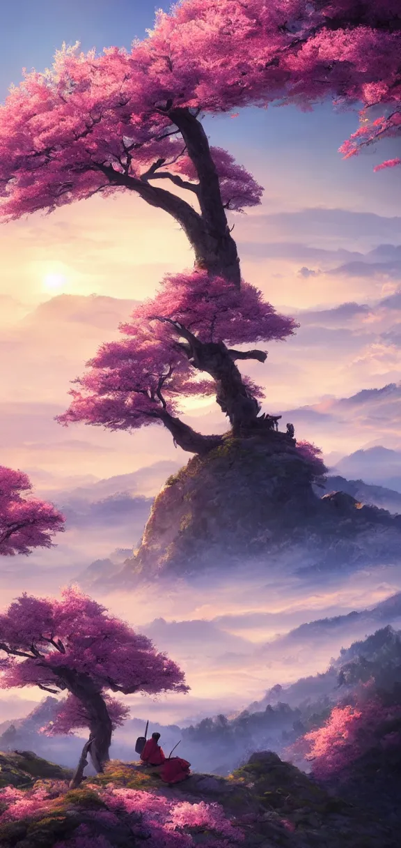 Image similar to samurai resting on a mountain top, cool dawn sky, sakura tree by sylvain sarrailh, rossdraws, ambient light, ultra detailed, fantasy artwork, 8 k, volumetric lighting, trending on artstation, award winning, very beautiful.