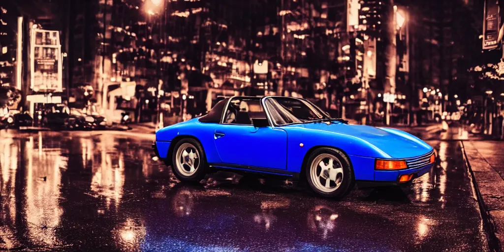 Image similar to blue porsche 9 1 4 convertable on a rainy city street, neon lights glowing, cinematic, ultrarealisitc, 4 k