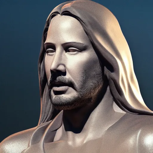 Image similar to highly detailed render of keanu reeves as Cristo Redentor statue in the style of Beeple, artstation art