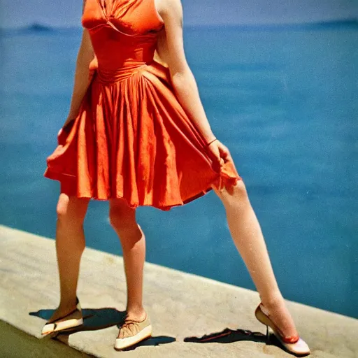 Prompt: a vintage 1 9 4 0 s kodachrome photograph of a avent - gard fashion haute couture collection swimming outfit ensemble inspired by the norse god, freyja.