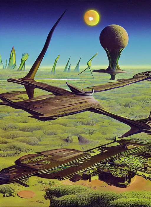 Image similar to photorealistic image of a retro futurism, solarpunk, nature - core, psychedelic, by roger dean, by dean ellis