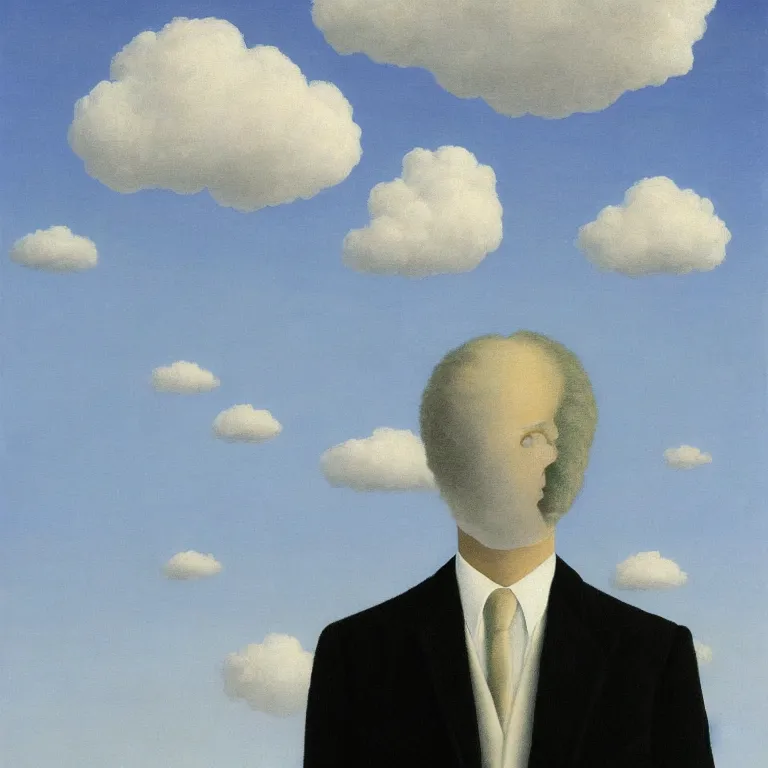 Image similar to portrait of a faceless shadow - head man with long messy fuzzy hair in a suit, clouds in the background, by rene magritte, detailed painting, distance, middle centered, hd, hq, high resolution, high detail, 4 k, 8 k